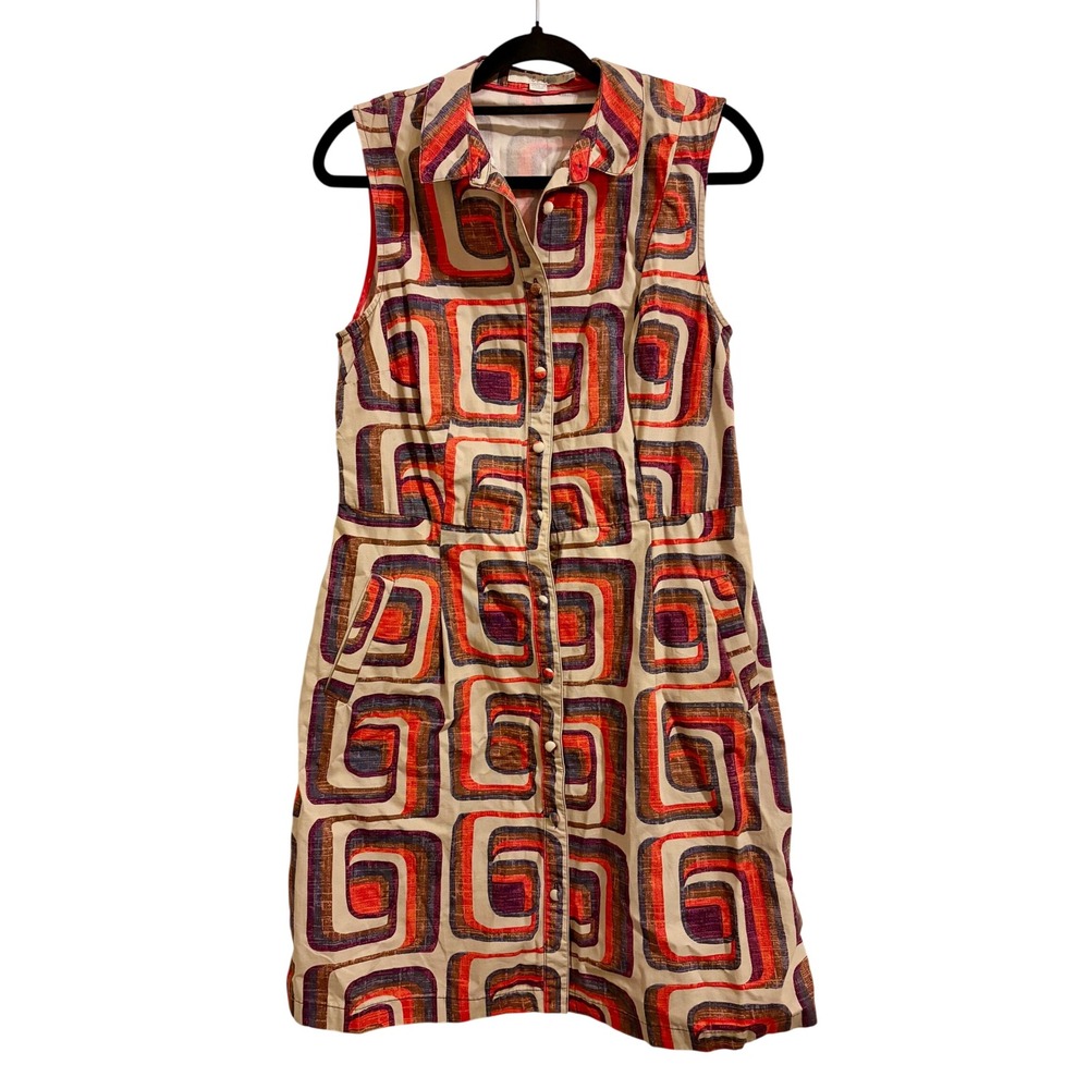 Boden Retro Geometric Print Sleeveless Button Front Dress Size L - Picture 2 of 9
